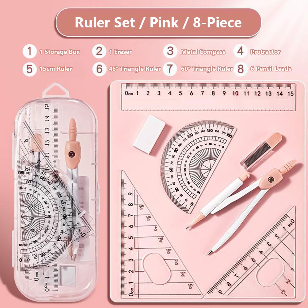 Ruler Set Transparent - 8 adet/takım Plastik Cetvel Pusula Seti